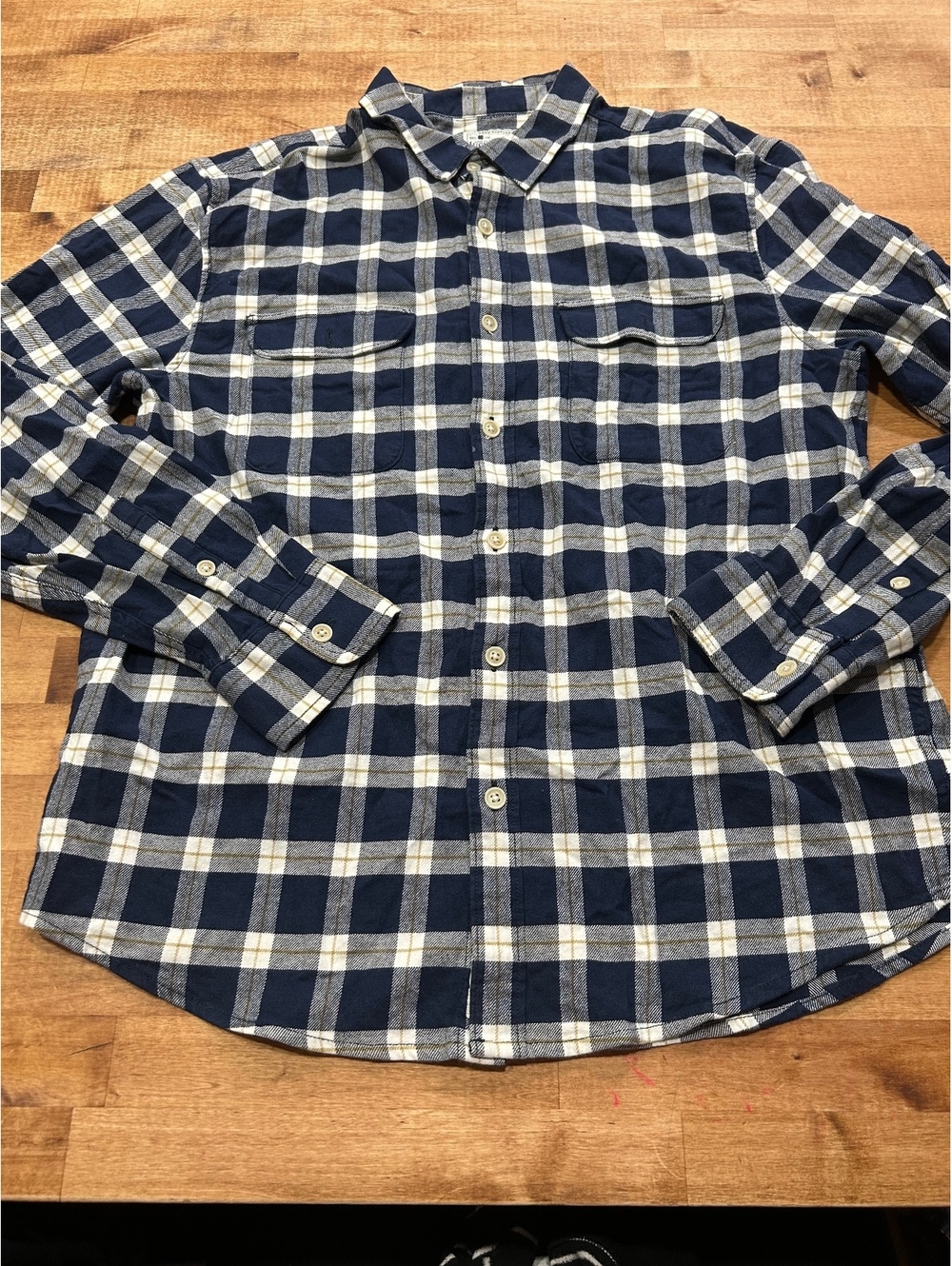 Lucky Brand Saturday Stretch Navy and Cream Plaid Button-Up Shirt Large